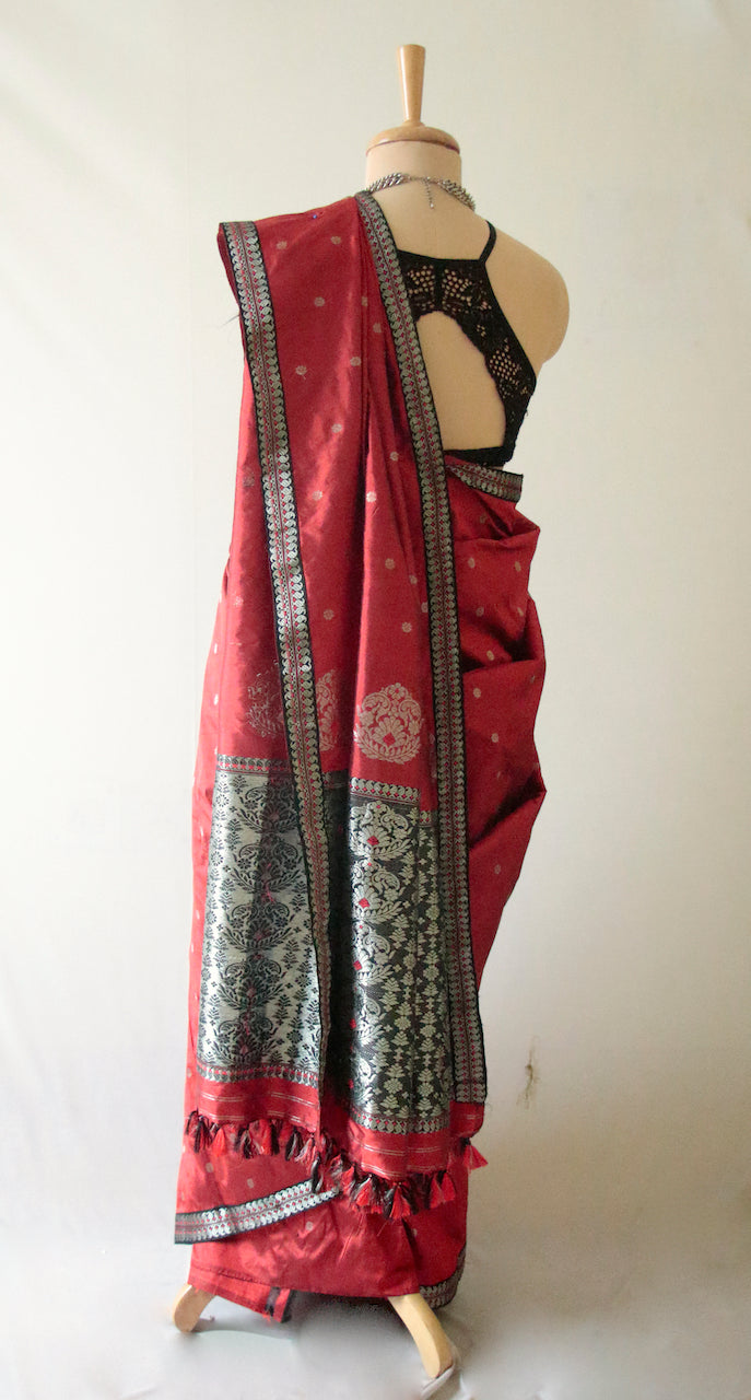 Latest Silk Deep Red Woven Zari Wedding Wear Saree, Saree